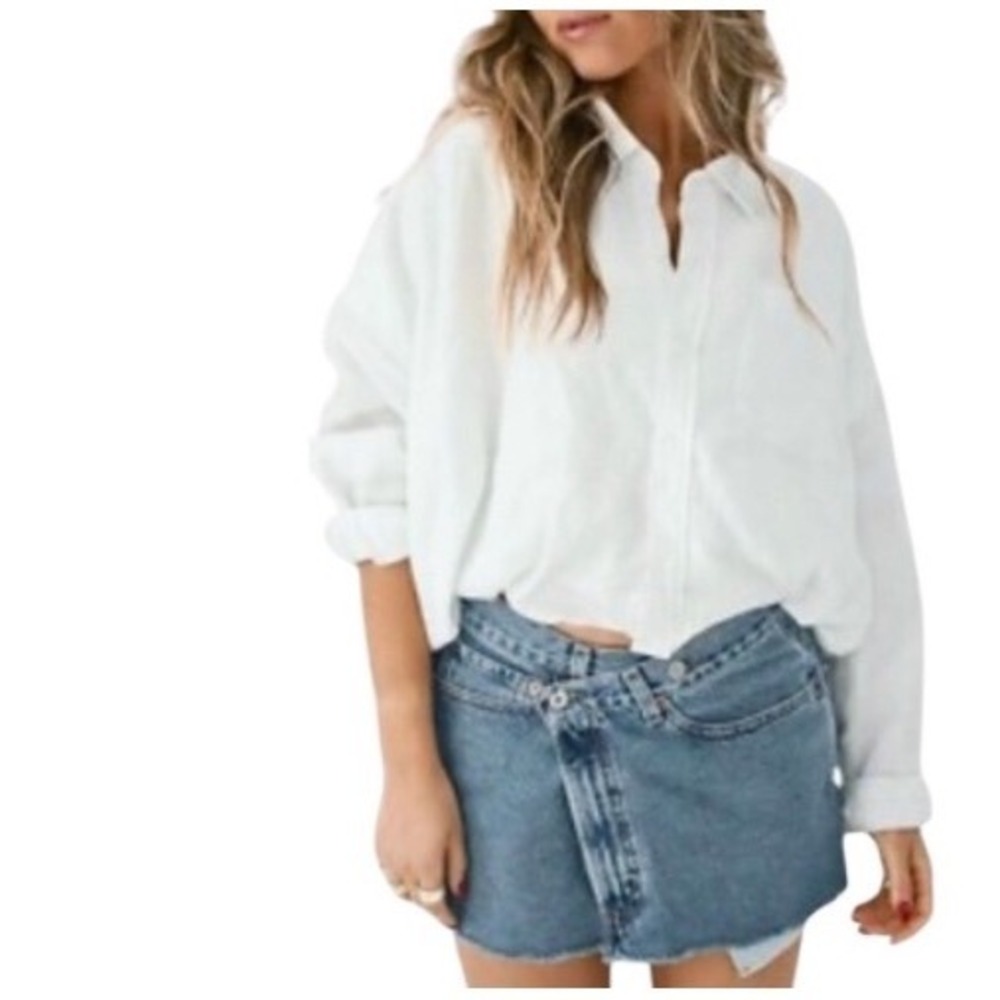 Parke Oversized Bubble Down Cropped Blouson White Cotton Linen‎ Shirt L